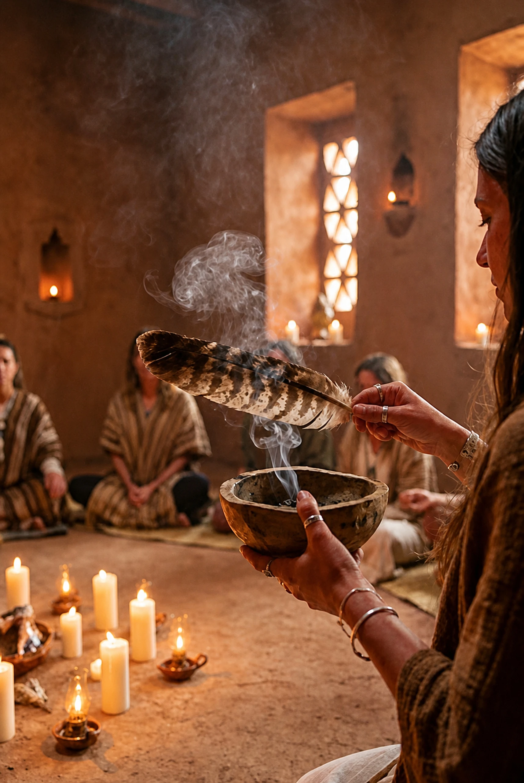 Frauen-Tempel im warmen Tempelraum mit Räucherung, Kerzenlicht und sanfter Ritualatmosphäre