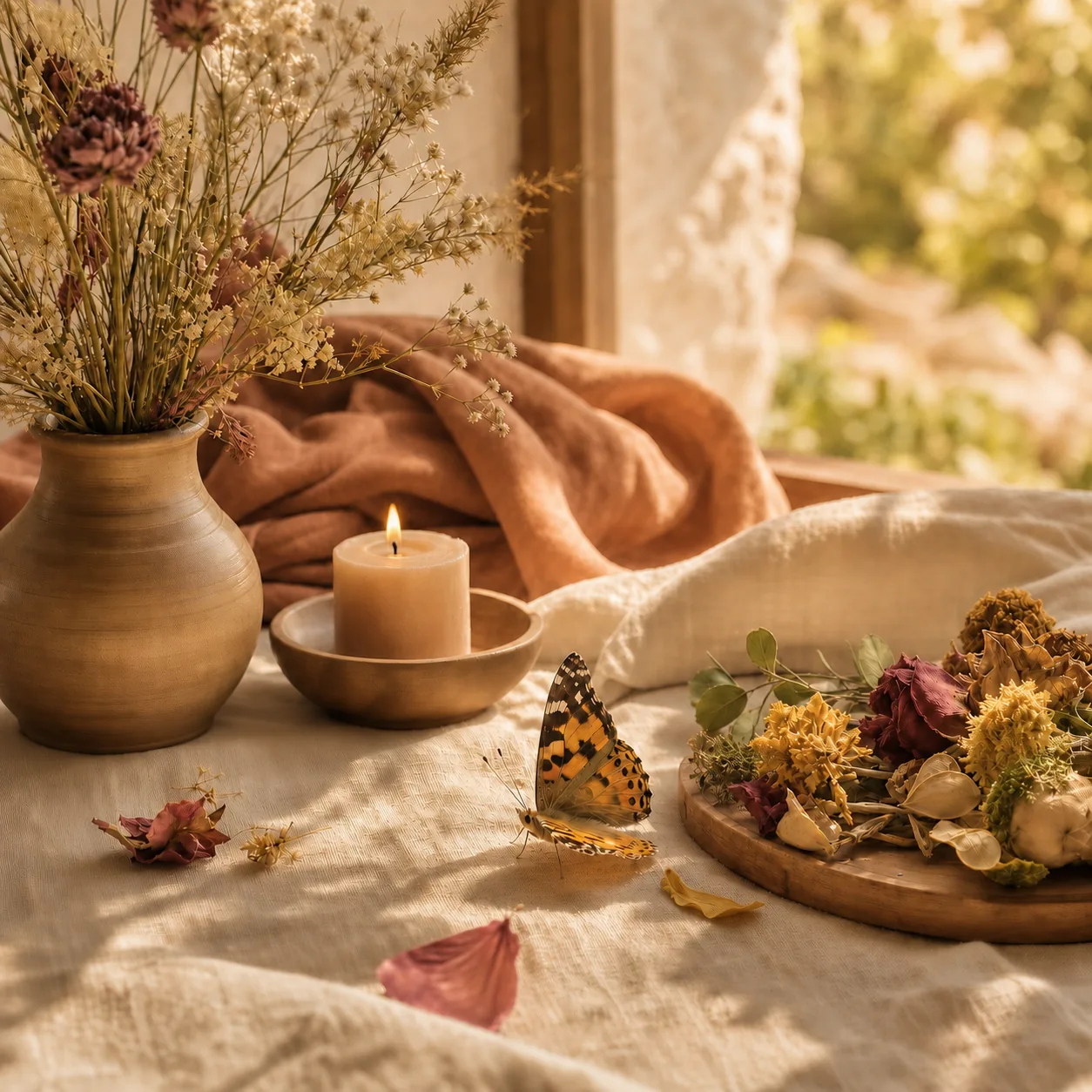 Warmer natürlicher Tempelaltar mit Kerze, Trockenblumen und Schmetterling als Symbol für Wandlung