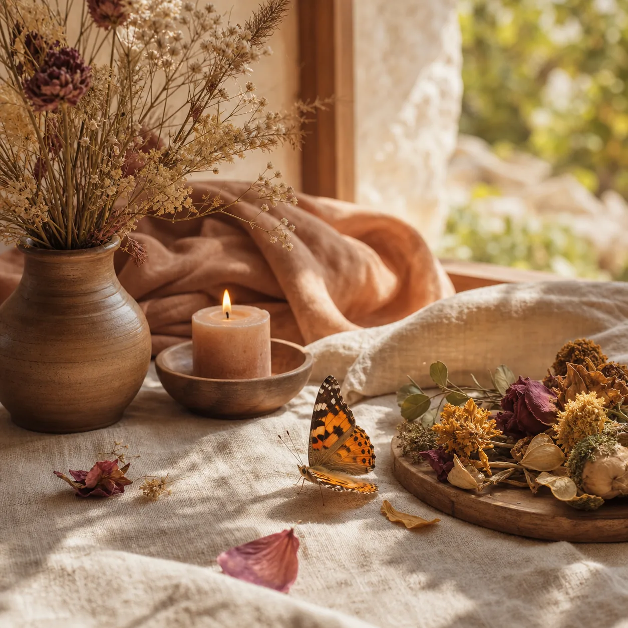 Warmer natuerlicher Tempelaltar mit Kerze, Trockenblumen und Schmetterling als Symbol fuer Wandlung