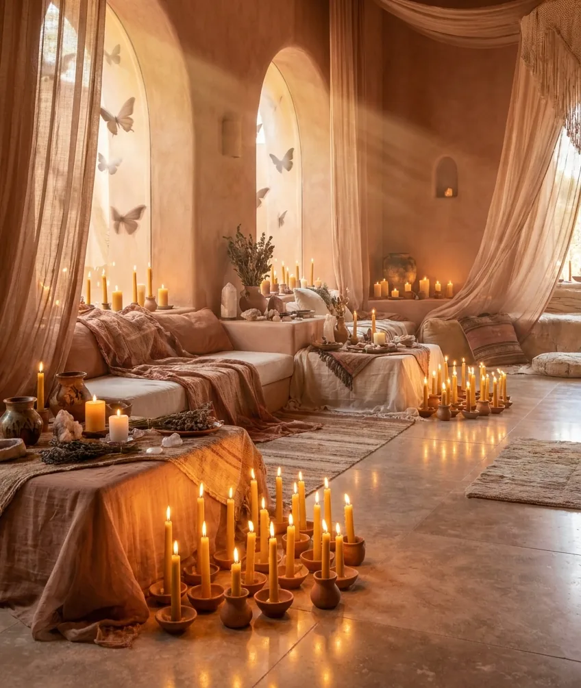 Warmer, lichtdurchfluteter Tempelraum als ruhige Symbolwelt fuer den Frauen-Tempel