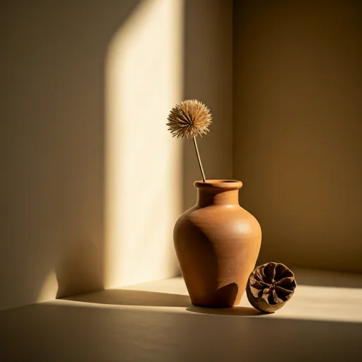 Ruhige, sonnenwarme Sanctuary-Ecke mit Terracotta-Vase aus dem Stitch-Design