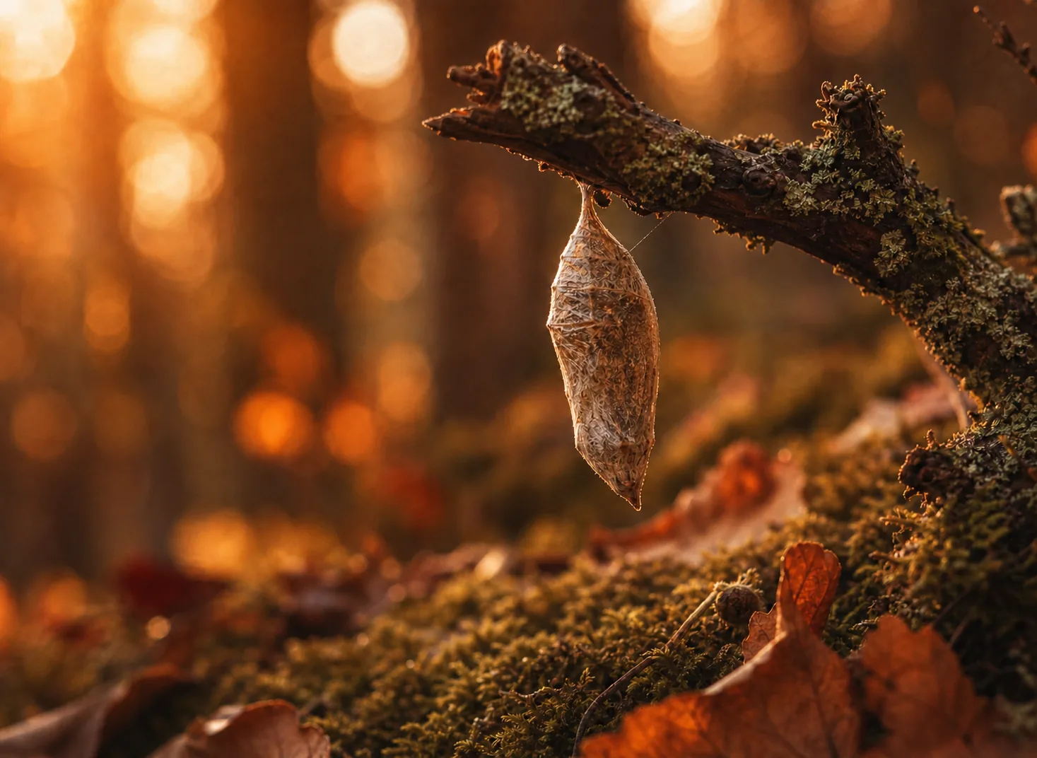 Natuerlicher Kokon an einem moosigen Ast als Bild fuer geschuetzten Rueckzug