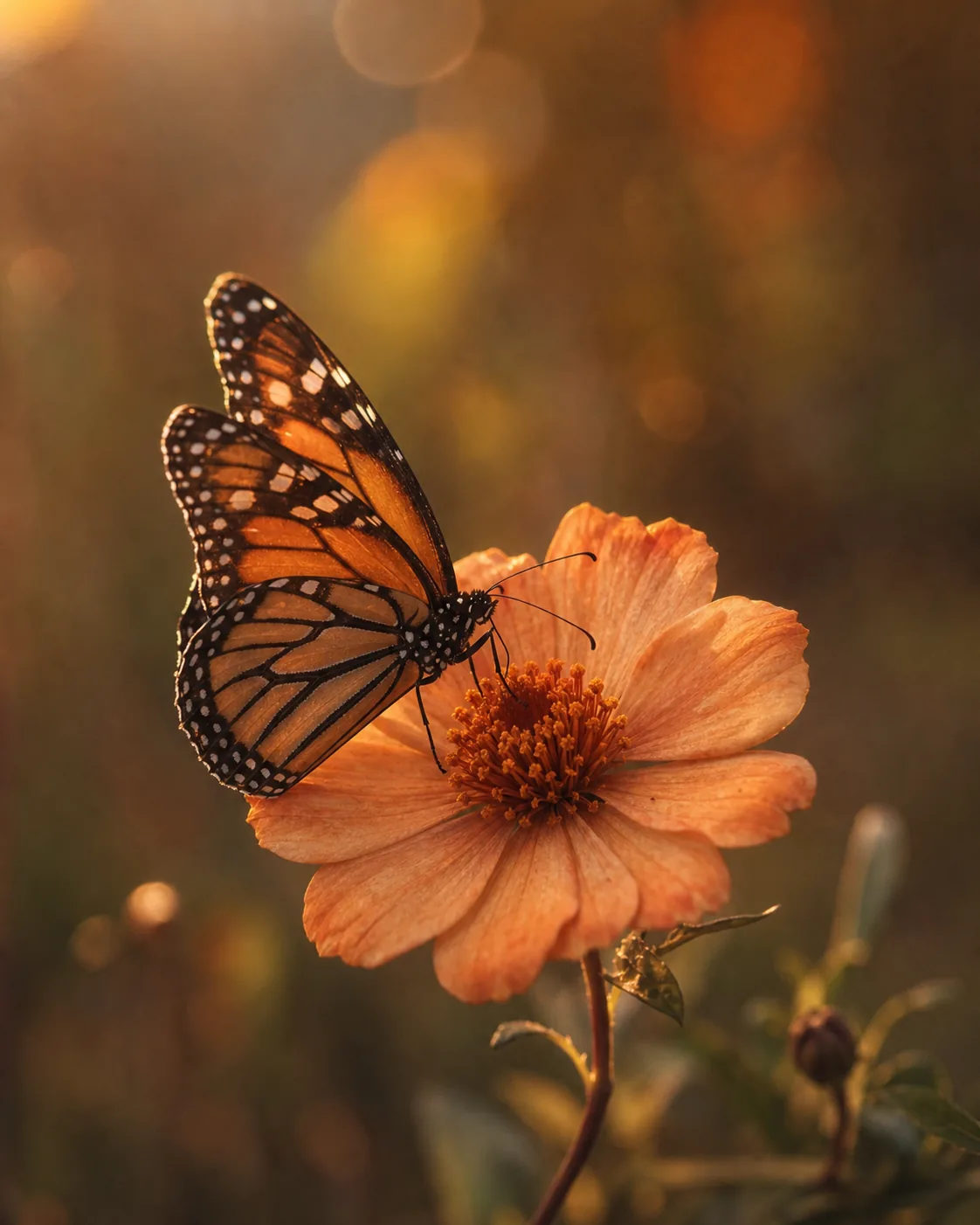 Schmetterling landet sanft auf einer warmen Blume als Bild fuer achtsame Begegnung und Naehrung