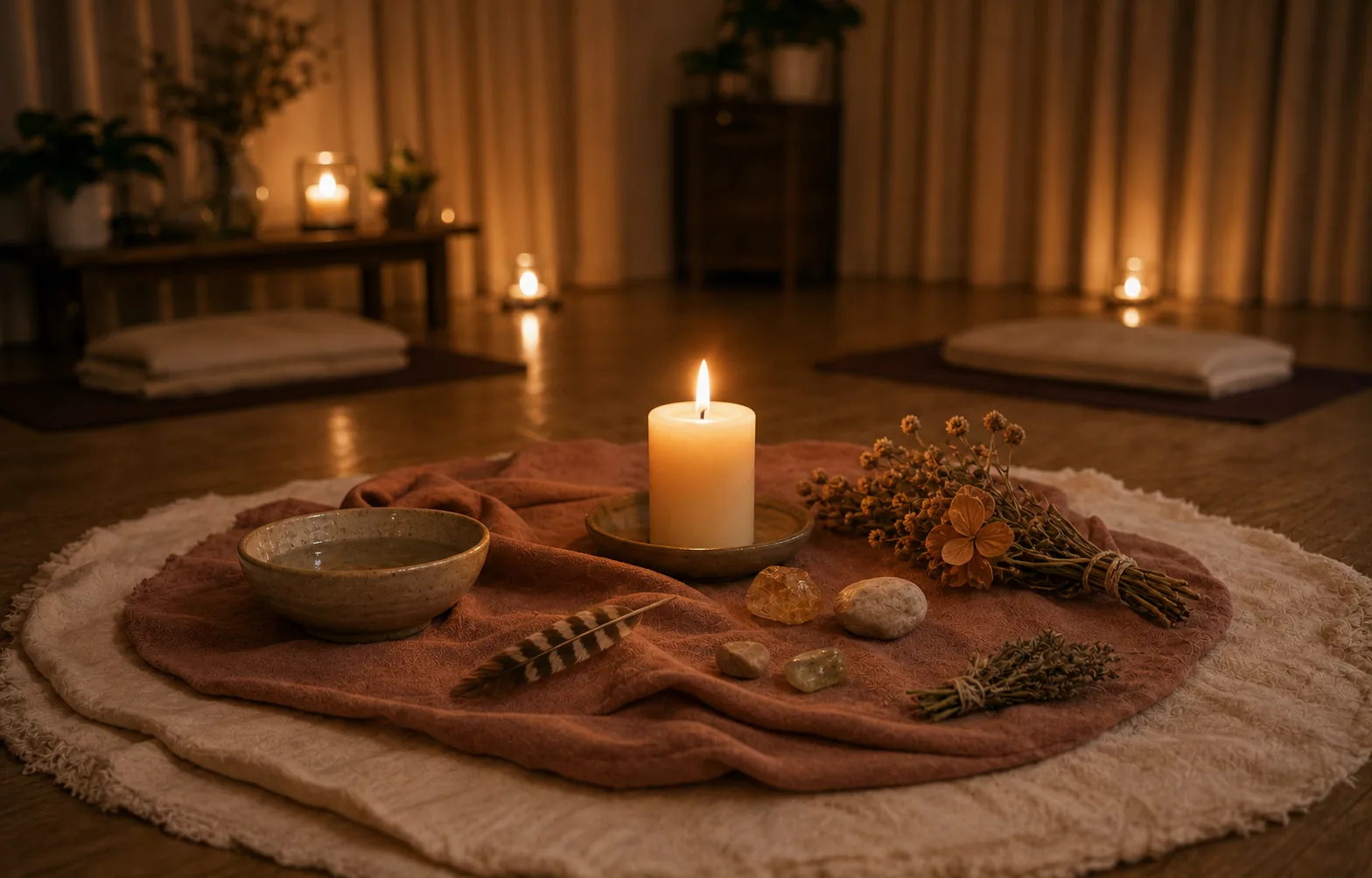Ruhiger Ritualaltar mit Kerze, Schale, Feder, Steinen und Kräutern im warmen Tempelraum