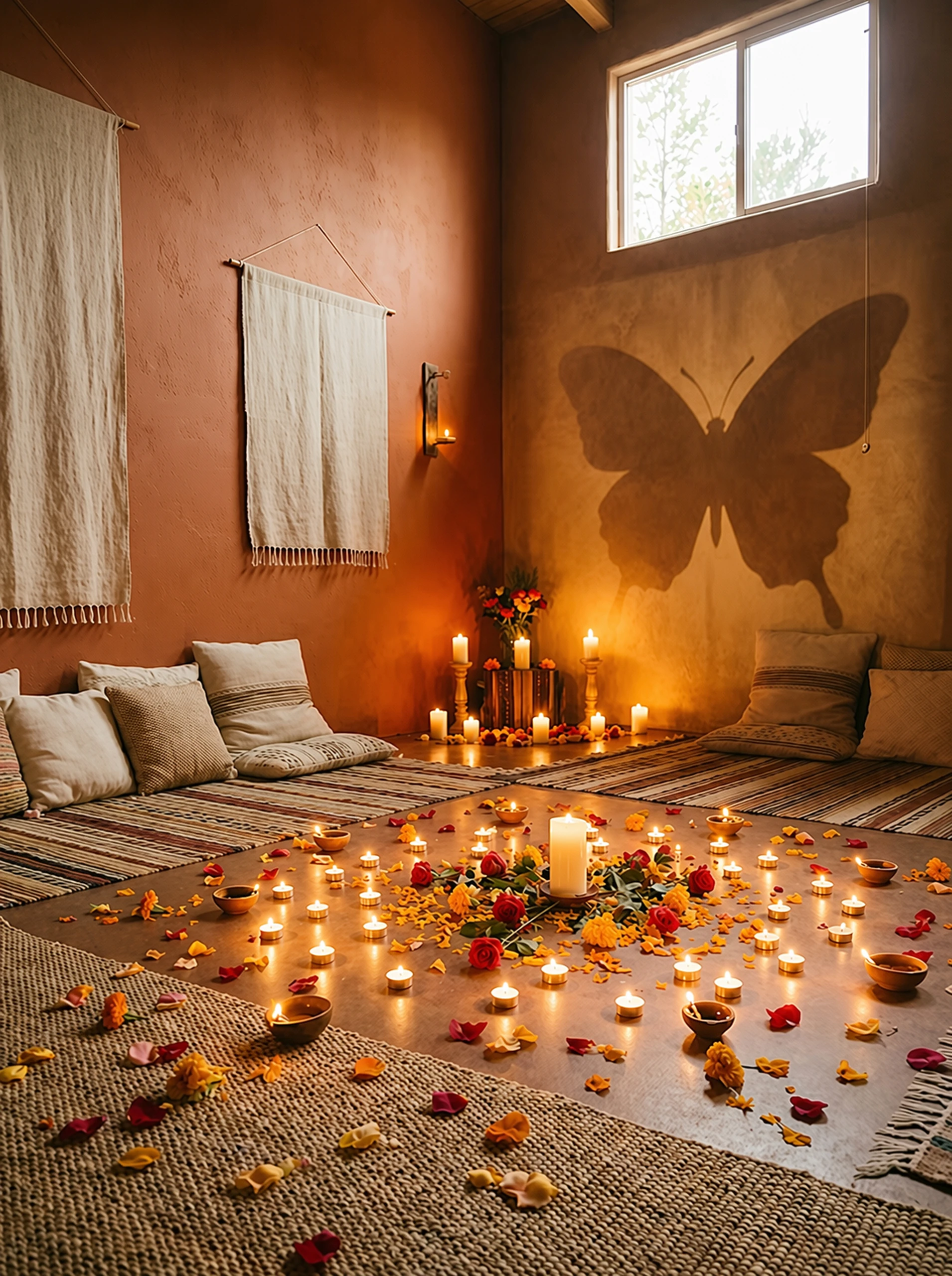 Ritualraum mit Kerzen, Blumen und warmem Licht als Vorbereitung auf den Tempelabend