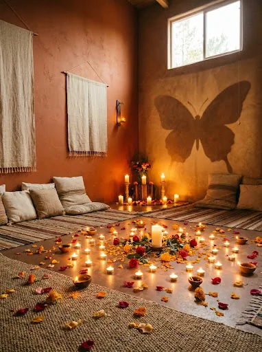 Ritualraum mit Kerzen, Blumen und warmem Licht als Vorbereitung auf den Tempelabend