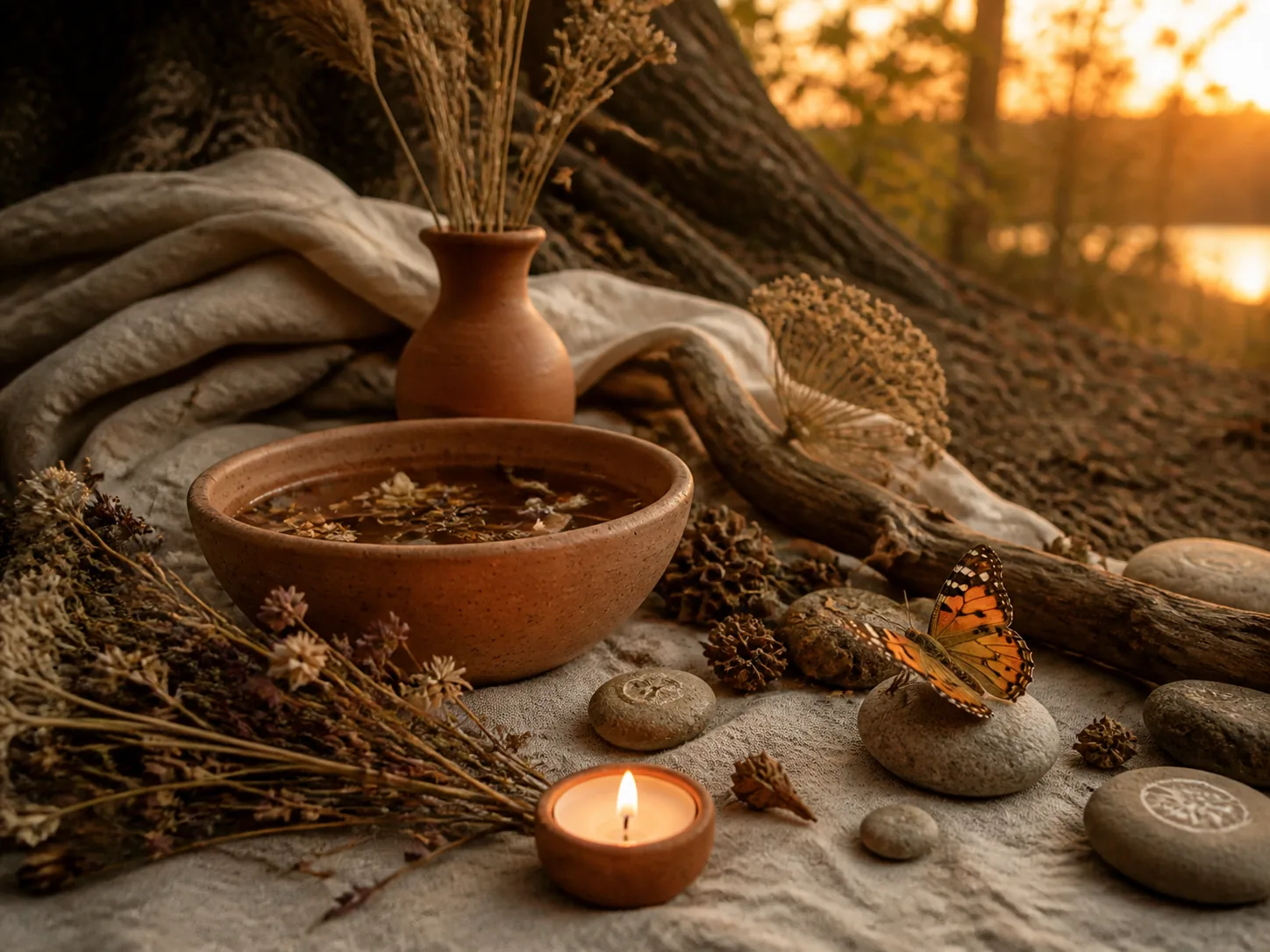 Natuerlicher Altar mit Erde, Wurzeln, Kerze, Trockenblumen und Schmetterling als Bild fuer weibliche Urkraft