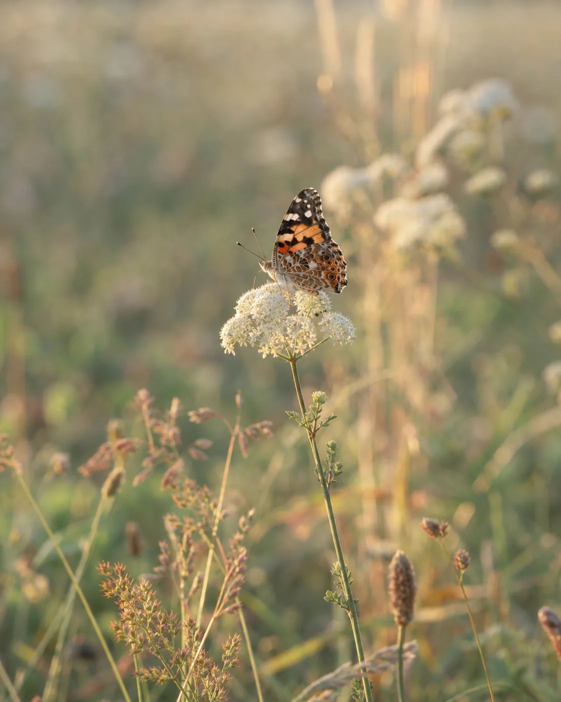 Schmetterling auf einer Wildblume im warmen Abendlicht