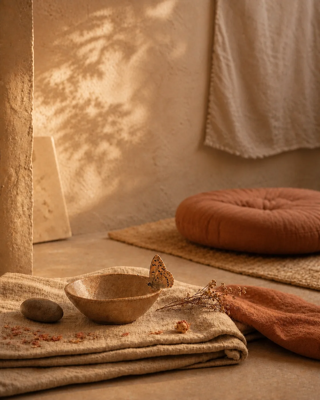 Warmer, einladender Tempelraum mit Kerze, Tuch und ruhiger Symbolik
